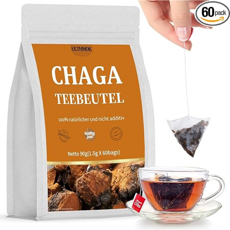 ULTHMOK Premium Chaga Tea Bags 60 Count 100% Wild Siberian Chaga Mushrooms, No Additives, Caffeine Free