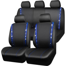 Waterproof Leather Car Seat Covers, Bling Diamond Complete Set Seat Cover, Shiny Crystal Glitter, Universal for 95% of All Automobiles, Trucks, SUVs, Women and Men (Complete Set, Blue)