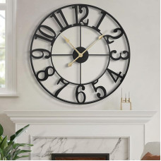 Large Living Room Clock Wall, Black Wall Clock, Round, Metal, 47 cm Wall Clock without Ticking Noise, Battery Operated Wall Clocks Silent Arabic Numerals Clocks for Bedroom, Kitchen Decoration