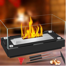 Stalo židinys, etanolis, skirtas naudoti patalpose ir lauke, su keturkampiais grūdintais stiklais, bioetanolio stalo židinys, nešiojamasis židinys, stalo dekoratyvinis židinys - juodas