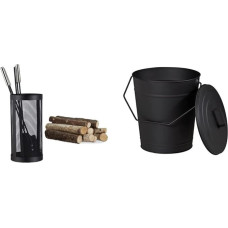 Relaxdays Fireplace Tools in Bucket, 5-Piece Fireplace Set, Black, 35 x 17 x 17 cm & Ash Bucket with Lid, Cooling and Transporting Hot Ember, Fireplaces, Ovens, Grills, 12 Litres, Steel, Black
