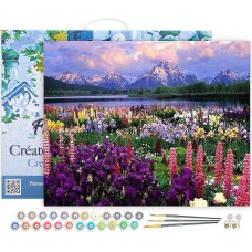 Figured'Art Painting by Numbers Adults with Frame Flowers and Lake at the Foot of the Mountain - Paint by Numbers Craft DIY Craft Set 40 x 50 cm - Canvas Stretched on Wooden Frame