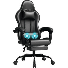 JUMMICO žaidimų kėdė su masažo funkcija, ergonomiška žaidimų kėdė, viena žaidimų kėdė su juosmens pagalvėle, kojų atrama ir galvos atrama, kompiuterio kėdė, keliamoji galia 150 kg, juoda