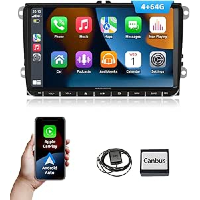 Essgoo Carplay Car Radio 9 Inch Android 14 Car Stereo 64G Wireless Car Radio for VW Golf 5 6 Touran B6 EOS Tiguan Polo with Bluetooth GPS RDS Navigation Mirror Link FM SWC
