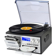 9 in 1 Turntable with Bluetooth, CD, Cassette, AM/FM Radio, USB SD MMC Playback and Remote Control - 3 Speed Turntable, Headphone Jack and Aux In RCA Line Out