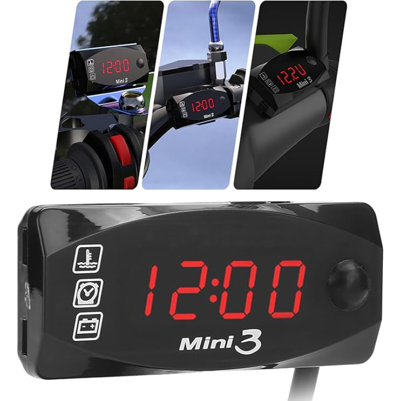 LED Digital Display Motorcycle Clock Thermometer Voltmeter Waterproof IP67 for 12 V Motorcycle