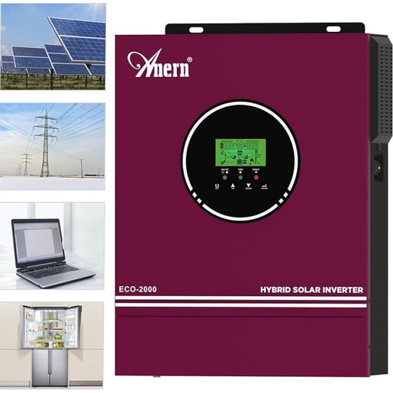 Anern 2000W 2KW hibridinis saulės inverteris iš 12VDC į 230VAC 2000W, integruotas MPPT 80A saulės įkroviklis, maks. 400 V PV įėjimo įtampa, veikia su švino ir ličio akumuliatoriais (2 kW)