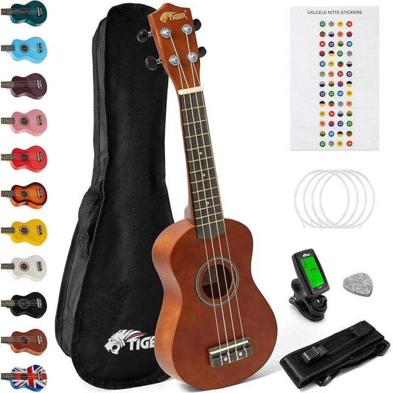 TIGER UKEKIT Ukulele Kit for Beginners, Soprano Ukulele, Tuner, Strap, Uke Stickers, Replacement Strings and Felt Pick - Natural -