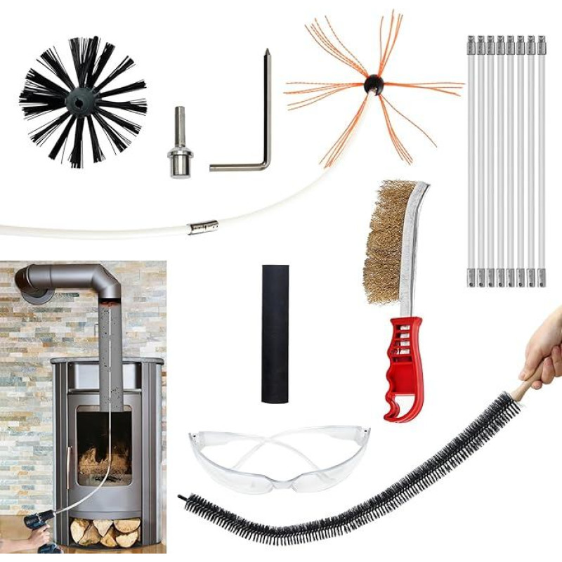 JOVANT Chimney Sweep Kit 21ft Brush with 8 Flexible Nylon Rods Rotating Cleaning System for Fireplace and Pipes
