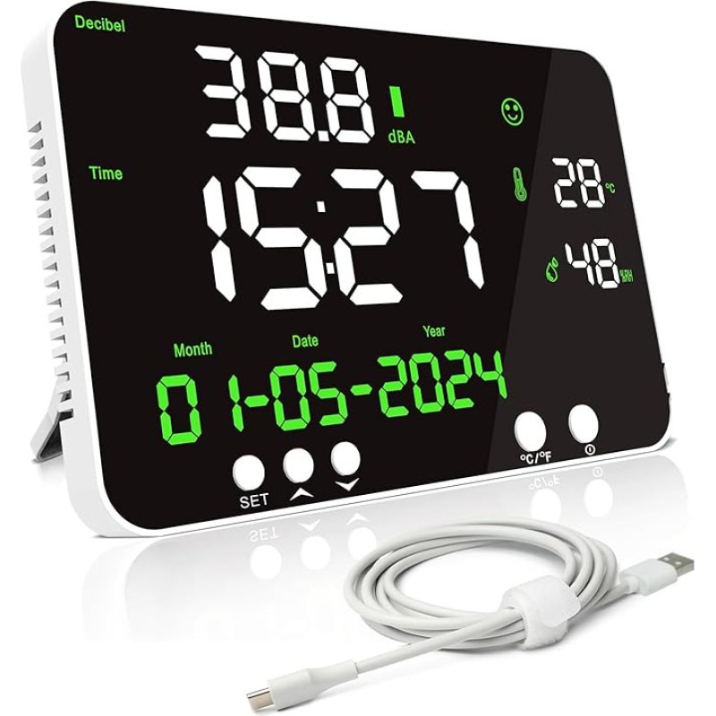 Sound Level Meter 30-130dB Decibel Meter with Alarm, Noise/Temperature/Hygrometer/Time/Calendar with LED Large Screen, Wall Hanging Noise Measurement Tester for Classroom, Office, Factory