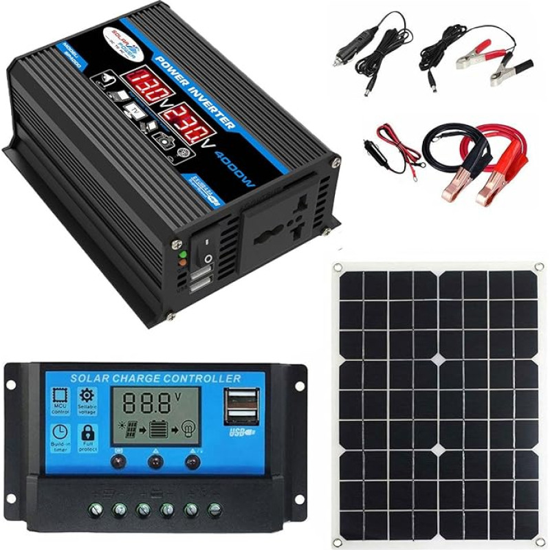 ByNGSDCC Tragbares Solarstrom-Kit 4000 W Solar-Wechselrichter, 18 W wasserdichtes Solarpanel, 30 A Controller mit 2 USB-Steckern und LED-Anzeige, geeignet for Zuhause, im Freien