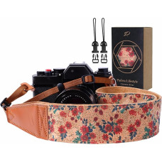 Padwa Lifestyle Cork Camera Strap - 2 Inch Top Cowhide Leather Headboard Camera Straps for Photographers Natural Log Crinkle Art Print, rose print cork