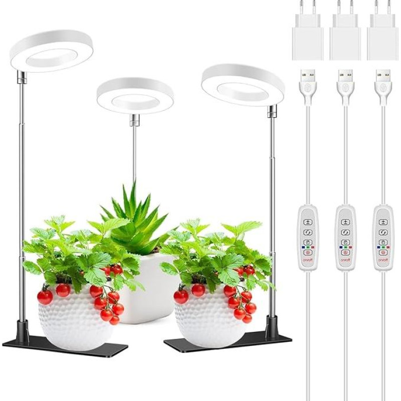 Kullsinss Plant Lamp LED Full Spectrum, Height Adjustable Small Grow Light with Removable Base, 3/9/12H Auto Timer, 10 Brightness, 3 Light Modes, 48 LEDs Plant Light for Indoor Plants (Pack of 3)
