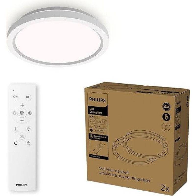 Philips LED Ceiling Light with Remote Control, Round, 30 cm, Dimmable, Tunable White, Living Room, Bedroom, No Flicker or Glare, Modern Design, White, Pack of 2