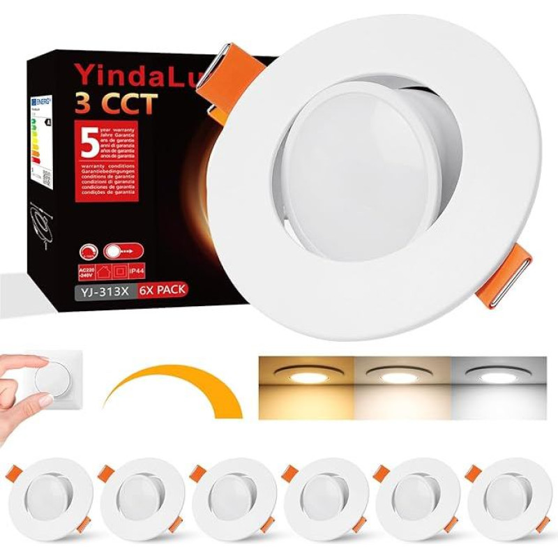 YindaLux LED Recessed Spotlight, Swivelling LED Spotlights, 230 V, Dimmable, 5 W, Ceiling Spotlights, Warm White, 3000 K, Neutral White, 4000 K, Cool White, 6500 K Spotlights, Ceiling Light, 68 mm