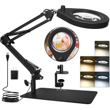 Beyamz LED Magnifier Lamp with Stand and Clamp, 10.5cm 5X Magnifying Glass Dimmable Lights in 5 Colors Swivel Arm Positioning for Crafts, Hobbies and Reading