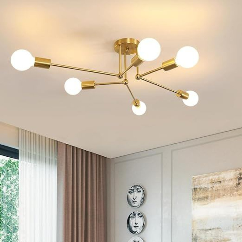 Comely Sputnik Chandelier Lights, Vintage 6-Bulb Industrial Ceiling Light Made of Gold, E27 Retro Ceiling Light Lamp with for Living Room, Bedroom, Gold, Diameter 70 cm (without Bulb)