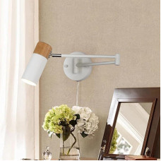 SUNLLOK Modern Swing Arm White Wall Light with Plug, Vintage Cord Rustic Adjustable Lampshade, Hanging Wall Light, Industrial Metal Reading Decoration for Living Room, Children, Bedroom