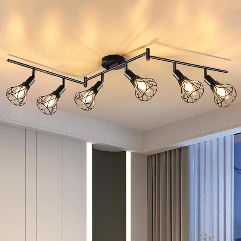 GeyouLux Ceiling Light LED Ceiling Light E14 Ceiling Spotlight 6 Bulbs Swivelling 350° Ceiling Spotlights Retro Kitchen Lamp Living Room Lamp Black Lamp for Kitchen Living Room Hallway Bedroom Without