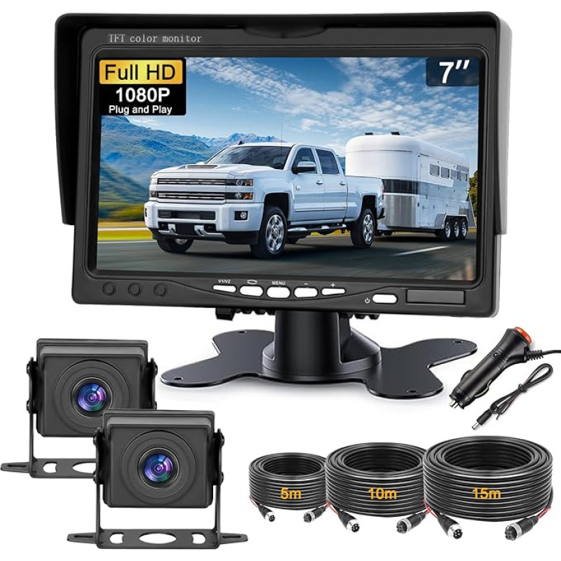 Dual Reversing Camera Set with 7 Inch HD Rear View Monitor, IP69 Waterproof Night Vision Car Backup Camera, Cable Stable Signal Reversing Camera with 5 m/10 m/15 m Cable for Motorhome/Trucks/Bus/Van