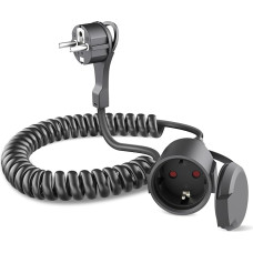 Spiralinis kabelio ilgintuvas, 5 m tempiamas spiralinis kabelis, apsauginis kontaktinis spiralinis kabelis, tempiamas iki 5 m, apsauginis kontaktinis kištukas, įžeminimo kontaktinė jungtis, IP20, juodas