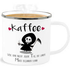 Emaliuotas skardinis puodelis - pareiškimas - Kava, nes negalima kiekvienos dienos pradėti nuo žmogžudystės - 300 ml - Baltas sidabras - pareiškimai Grim Reaper Puodelis Tomorrow Everyone
