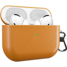 MyGadget Faux Leather Case Compatible with Apple Airpods Pro 1st Generation - Case [Qi Compatible] - Robust & Shockproof Bumper with Carabiner in Light Brown