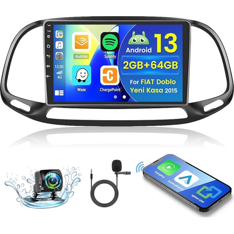 Hikity 2+64GB Android 15 Car Radio for Fiat Doblo/Yeni Kasa 2015 Radio Wireless Carplay Android Car, 9 Inch IPS Touch Screen Radio with Reversing Camera, Bluetooth, Navi, WiFi, DSP, EQ, Mirror Link