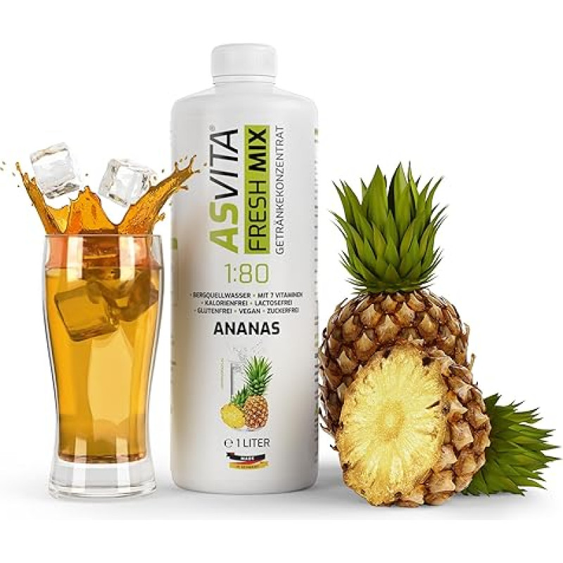 AsVita sirupas be cukraus, ASVita Fresh Mix 1:80-1 litro butelis, geriamasis sirupas, be cukraus, 26 skanių skonių (ananasų)