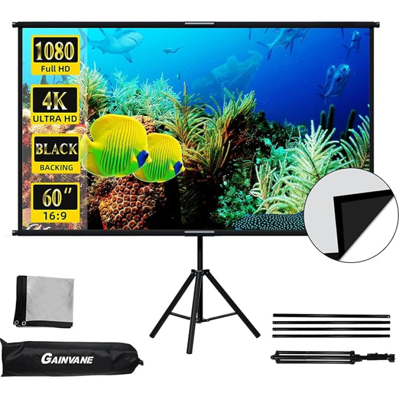Projector Screen with Tripod 60 Inches, Indoor Projection Screen with Black Back, 16:9 HD Premium Wrinkle-Free Tripod Screen for Bedroom, RV, Movie Night