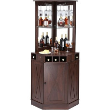 VEVOR Industrial Corner Bar Cabinet, Wine Table for Spirits and Glasses, Sideboard Buffet Cabinet with Glass Holder, Freestanding Farmwood Coffee Bar Cabinet for Living Room, Home Bar, Walnut Wood