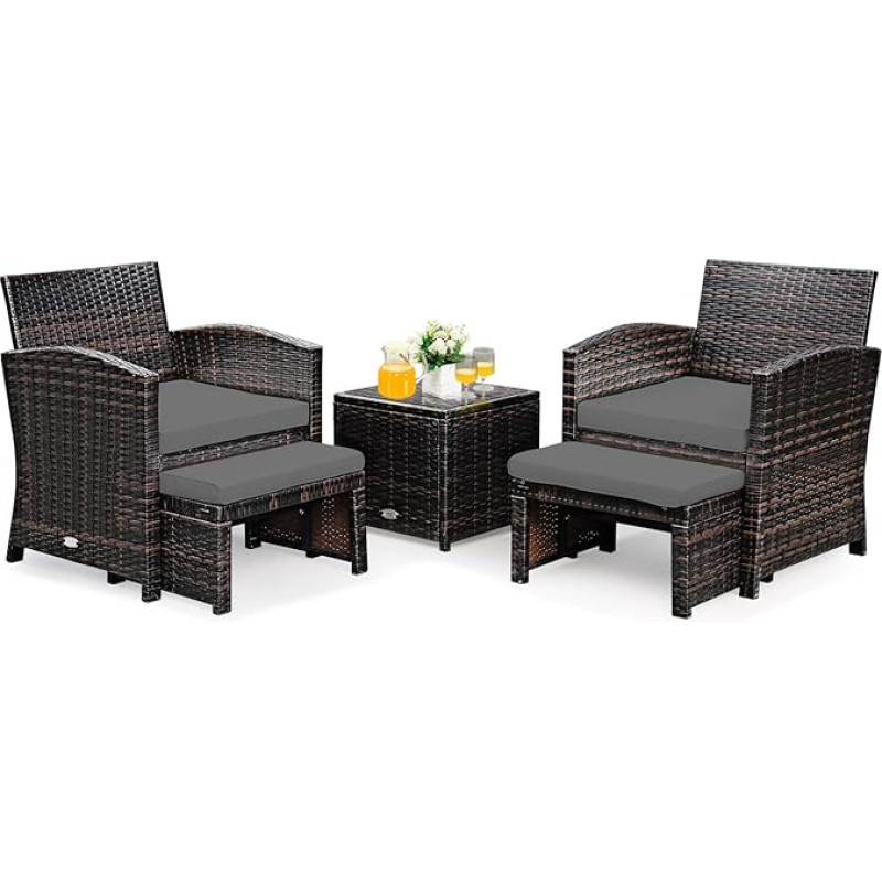 GOPLUS 5-Piece Balcony Furniture Set, Polyrattan Garden Furniture Set with Ottomans, Garden Lounge with Side Table, Balcony Furniture, Small Balcony, Patio Furniture Seating Set, Grey