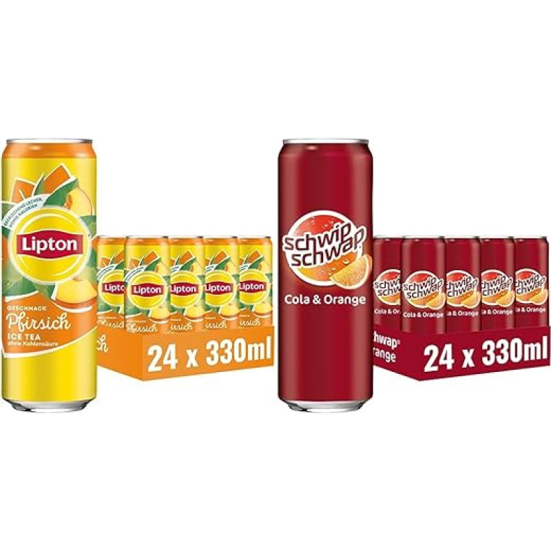 LIPTON ICE TEA Peach, Iced Tea with Peach Flavour, Disposable Cans (24 x 0.33 L) & Schwip Schwap, The Original - Caffeinated Coke Soft Drink with Orange, Disposable Tin (24 x 0.33 L)