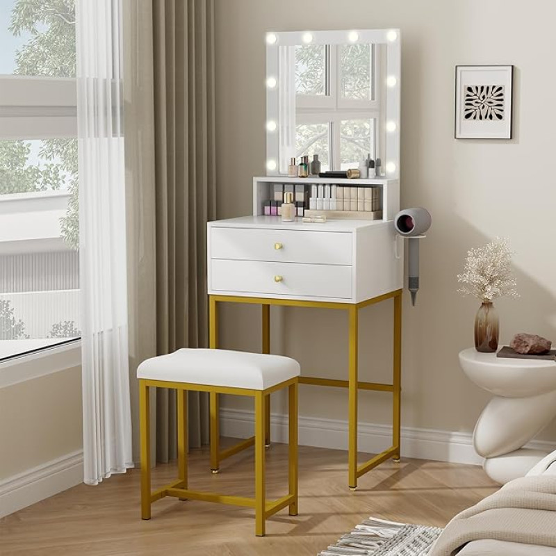 YU YUSING Dressing Table with LED Lighting, Small Dressing Table with Mirror, 3 Colours, Cosmetic Table with 2 Drawers, 1 Open Shelves, Dressing Table with Stool for Bedroom, Living Room, White and