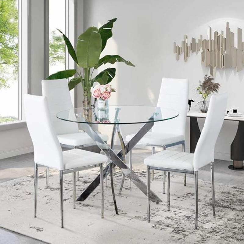GOLDFAN Dining Table with 4 Chairs Dining Table Round Glass Modern Kitchen Table Dining Room Chair Leather Kitchen Chair White