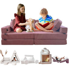 TIPICHOU žaidimų sofa vaikams - vaikiška sofa, sulankstoma, dvivietė, transformuojama į sofą-lovą, žaidimų aikštelę, fotelį, grindų čiužinį vaikams (miltelinė rožinė, dvivietė)