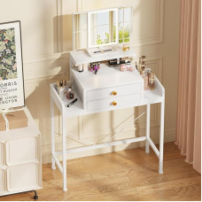 OYRREU Dressing Table with Lighting and 2 Fabric Drawers, Small Cosmetic Table with Height Adjustment for Bedroom, Children's Room, White
