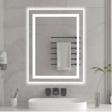 furduzz IL-01-60 Dimmable Bathroom Mirror with Lighting, Vertical and Horizontal Mounting LED Mirror, Wall Mirror with Touch Switch, 3 Light Colours, Anti-Fog and Memory Function, 60 x 45 cm