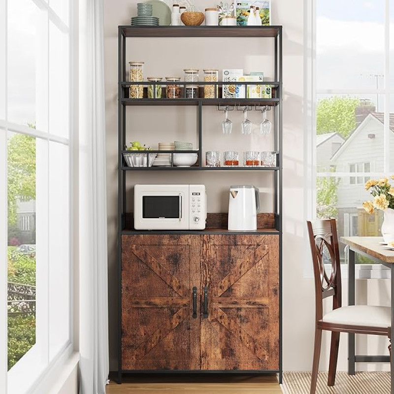 GarveeHome Hoher Barschrank, 179,8 cm, im Weinschrank, freistehender Likörschrank mit Kelchhalter, 5 Etagen, Bäckerregal mit Schrank, großes Bäckerregal mit Aufbewahrung, stehend, Mikrowellenständer,