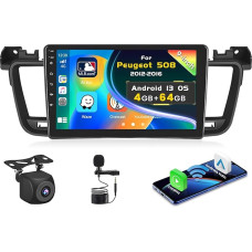Inefala Upgrade 4G + 64G 9 Inch Touchscreen Car Radio for Peugeot 508 2012-2016, Radio with Wireless CarPlay and Android Car, GPS, WiFi, BT, RDS, FM, USB, SWC, Microphone, Reversing Camera