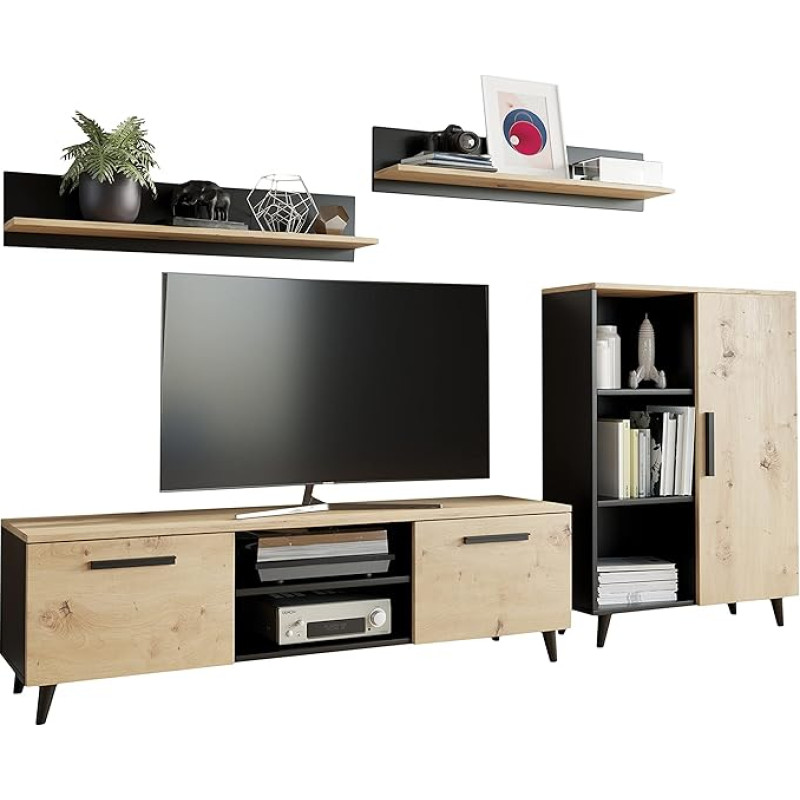 MATKAM Oslo Living Room Furniture Set, 4 Pieces, 1 x TV Chest of Drawers H47 x W150 x D40 cm, 1 x Living Room Chest of Drawers H112 x W80 x D30 cm, 2 x Hanging Shelves H20 x W100 x D20 cm (Artisan Oak