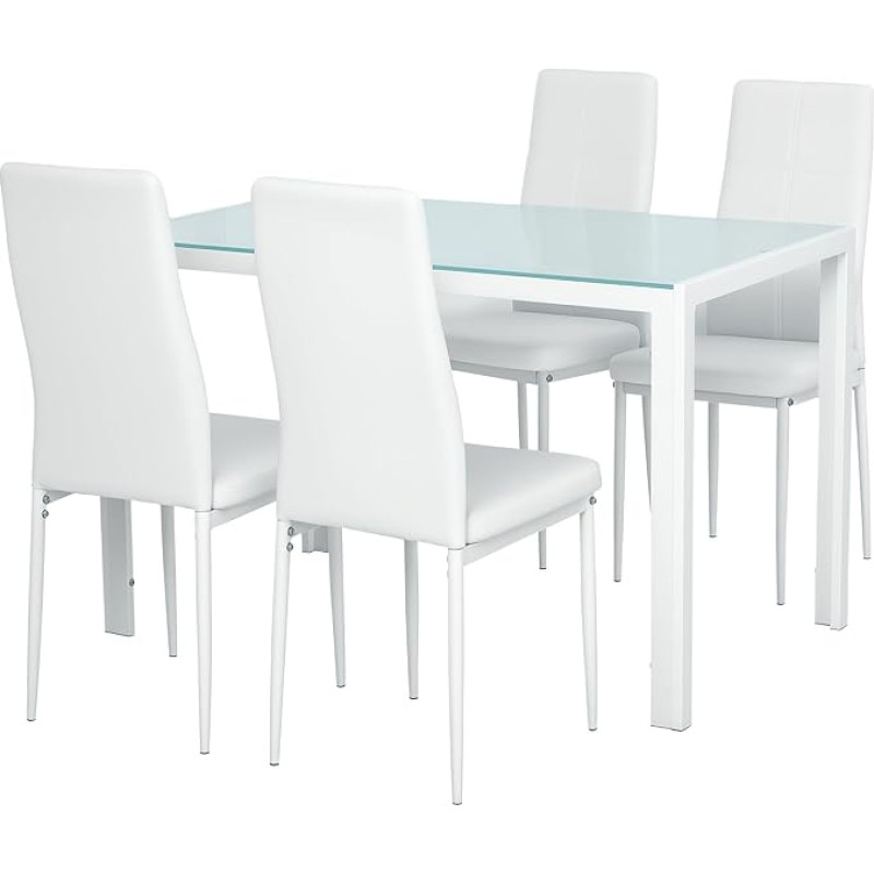 HOMCOM valgomojo stalo ir kėdžių rinkinys 4 vietų virtuvės stalas su kėdėmis Stačiakampio formos stiklinis stalviršis Metalinis rėmas virtuvei Gyvenamasis kambarys Namas Baltas