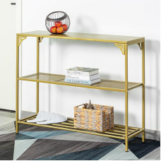 HDANI Siauras konsolinis staliukas su 2 lentynomis, tinklinės lentynos, šoninis staliukas, šoninė lentyna, sofos staliukas svetainei, prieškambariui, miegamajam ir biurui, 100 x 30 x 80 cm, aukso spalvos