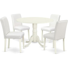East West Furniture DLAB5-LWH-64 5-teiliges Küchentisch- und Stühle-Set beinhaltet einen runden Esszimmertisch mit Dropleaf und 4 Parsons Esszimmerstühle aus weißem Kunstleder, 106 x 107 cm
