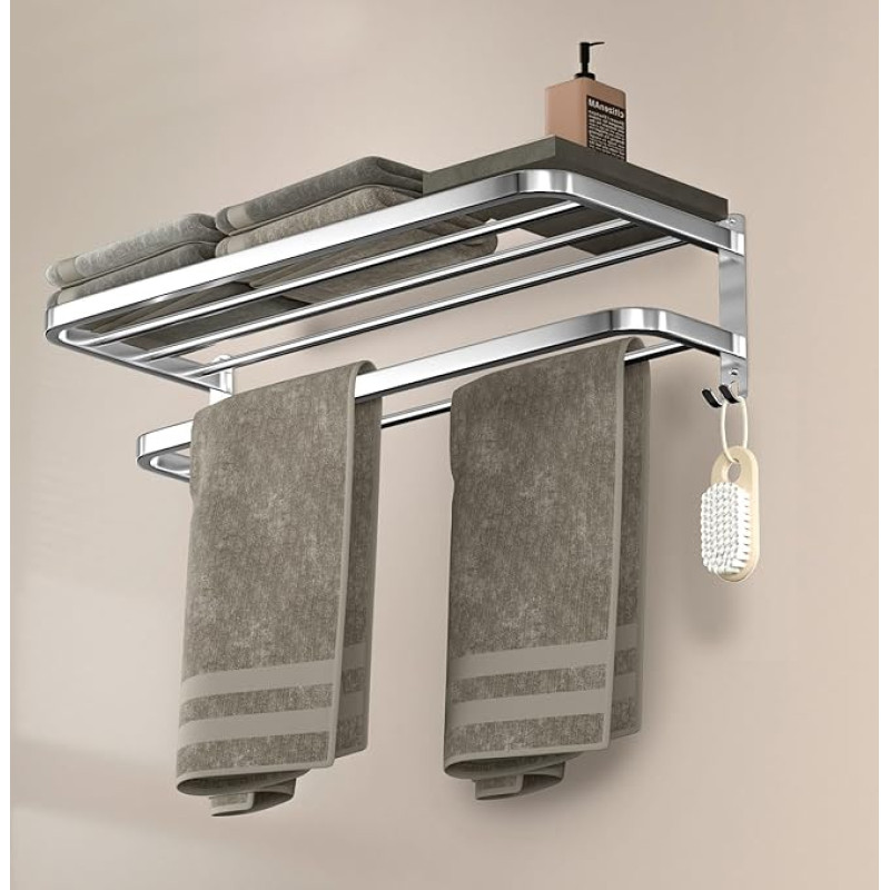 DDS-DUDES Vonios rankšluosčių stovas Rankšluosčių laikiklis su dvigubu rankšluosčių barais Tualetas Sieninis laikiklis su kabliukais Nerūdijančio plieno viešbučio vonios kambario stovas 23 colių