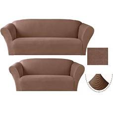 LinenTopia Sofa-Schonbezug-Set (Sofa und Zweisitzer), einfarbig, dehnbar, passgenau, Möbelschutz, Polyester/Spandex, 2-teilig (Estrela, 2-teilig, Braun)