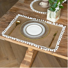 Stačiakampio formos skalbiami kilimėliai, 6 vnt., pailgi, ūkinio stiliaus, su pomponu, modernūs, kilimėliai virtuvei, namams, valgomojo stalui, restoranui, 45 x 30 cm (ruda balta, stilius 5)