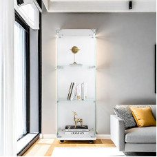 Glass Display Cabinet Shelf Cabinet Floor Storage Transparent Modern Display Cabinet for Bar Living Room Bedroom Office (White, 3 Tiers, 125 x 42 x 36 cm)