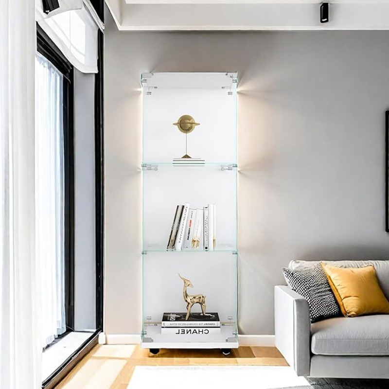 Glass Display Cabinet Shelf Cabinet Floor Storage Transparent Modern Display Cabinet for Bar Living Room Bedroom Office (White, 3 Tiers, 125 x 42 x 36 cm)