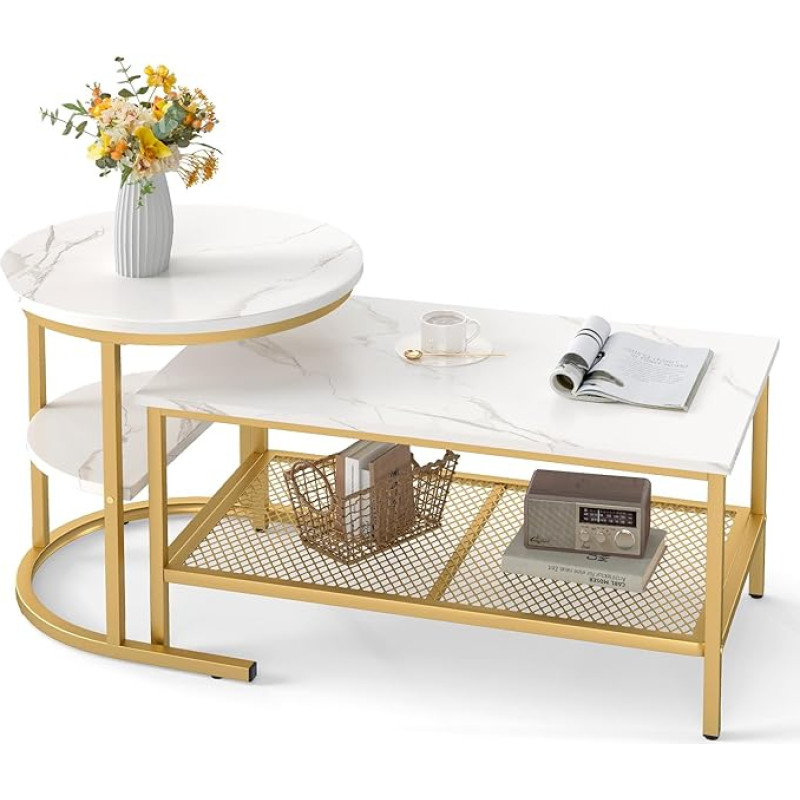 GIANTEX 2 dalių kavos staliukų rinkinys, 2 lygių sutampantys stalai, dirbtinio marmuro stalviršis ir metalinis karkasas, stačiakampio formos ir apvalūs (aukso ir baltos spalvos)